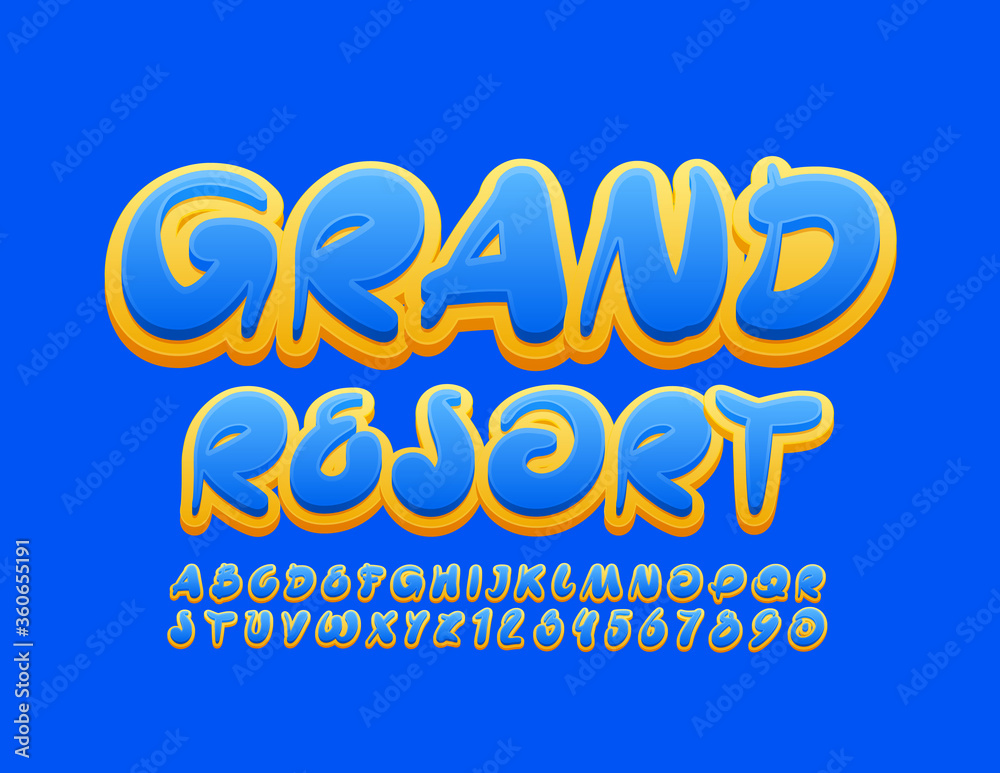 Vector creative sign Grand Resort with Blue and Yellow Artistic Font. Bright Alphabet Letters and Numbers Vector creative sign Grand Resort with Blue and Yellow Artistic Font. Bright Alphabet Letters and Numbers