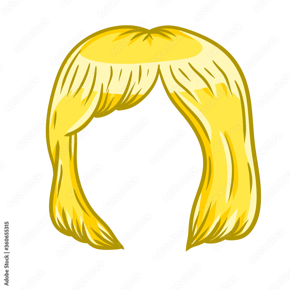 Fototapeta premium Women hairstyle. Blonde Hair on the head. Sketch color cartoon illustration. Mask for app. Trendy modern haircuts girl - bob cut