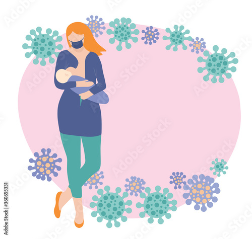 Lactation during the coronavirus pandemic. Woman in protective mask breastfeeds baby.