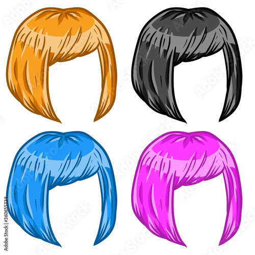 Women hairstyle. Set of Hair on head. Sketch color cartoon illustration. Mask for app. Trendy modern pink, blue and red haircuts girl - bob cut