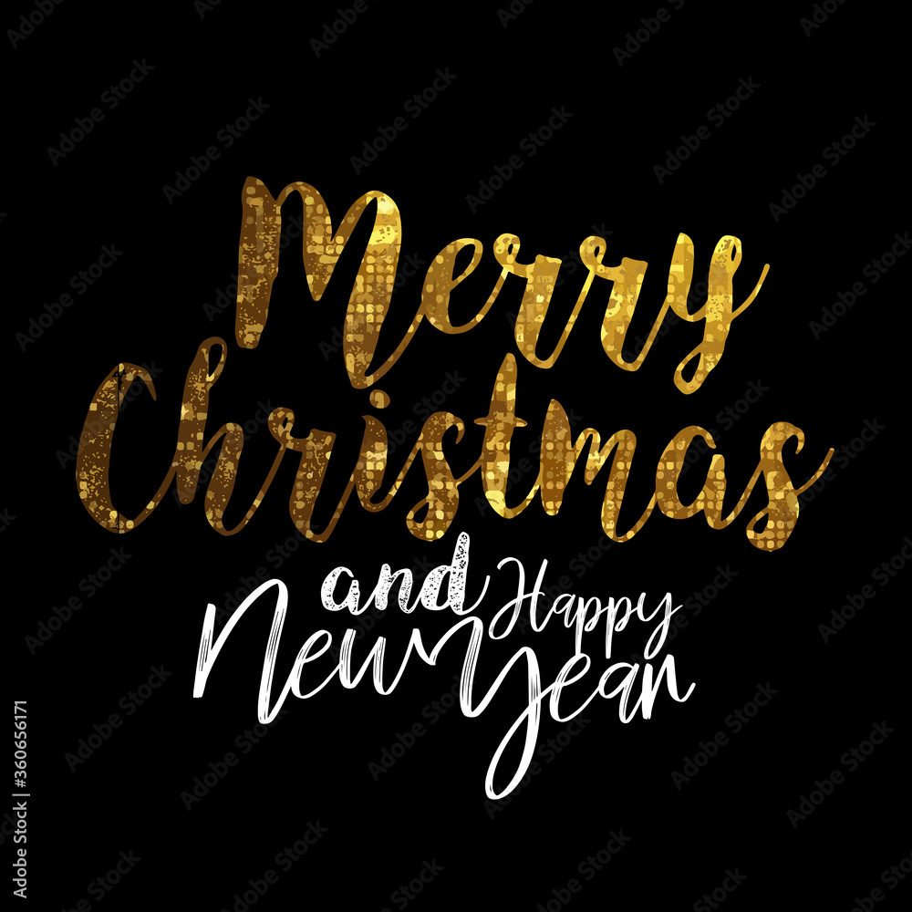 merry christmas and happy new year greeting card with golden lettering, illustration isolated on black merry christmas and happy new year greeting card with golden lettering, illustration isolated on black