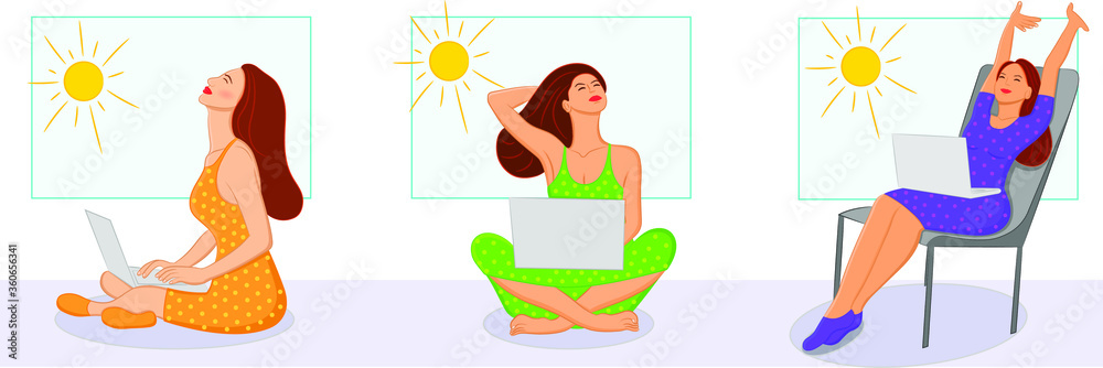 Young brown girls taking in the Sunshine from a window while working on a laptop during stay at home quarantine due to Corona Virus Pandemic Young brown girls taking in the Sunshine from a window while working on a laptop during stay at home quarantine due to Corona Virus Pandemic