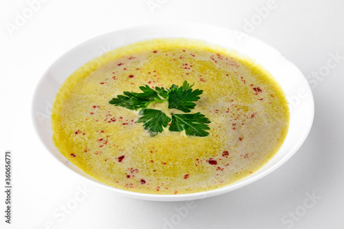 Pea soup.  A dish for delivery, or an online store. Isolated on a white background.