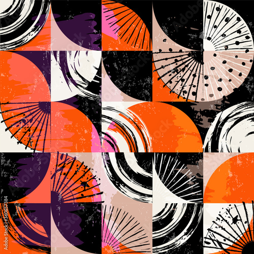abstract background pattern, with circles, dots, squares, strokes and splashes