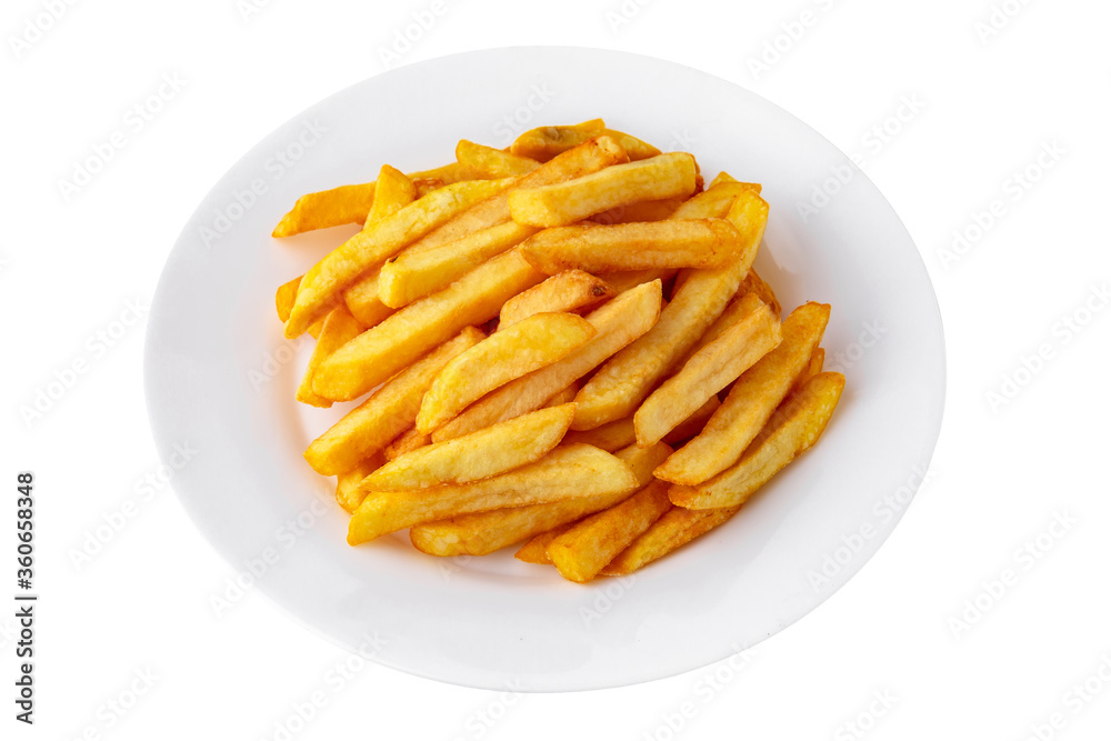 French fries. Golden, delicious, crispy and hearty. Fast food. Isolated on a white background. French fries. Golden, delicious, crispy and hearty. Fast food. Isolated on a white background.