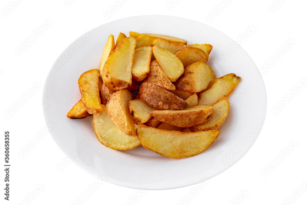 Potato wedges with peel. Golden, delicious, crispy and hearty. Fast food. Isolated on a white background. Potato wedges with peel. Golden, delicious, crispy and hearty. Fast food. Isolated on a white background.