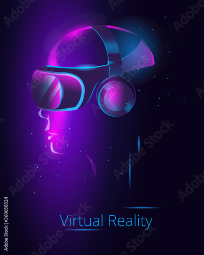 A girl in virtual reality glasses studies data arrays. Vector illustration in neon colors. Poster template in the cyberpunk style.