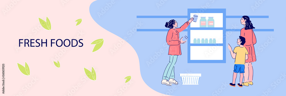 Flyer or advertising banner with buyers picking up fresh foods from supermarket grocery shelves, flat vector illustration. Food retail store background. Flyer or advertising banner with buyers picking up fresh foods from supermarket grocery shelves, flat vector illustration. Food retail store background.