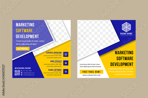 Editable Post Template Social Media Banners for Marketing software development company. Promotion  design use square layout. Set of Stories. space for photo. the element use blue, yellow and white