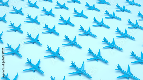 Blue pattern planes in the blue background. Perspective view. Minimal isometric. Aircraft travel concept. Geometric shape in pastel colors. 3d rendering