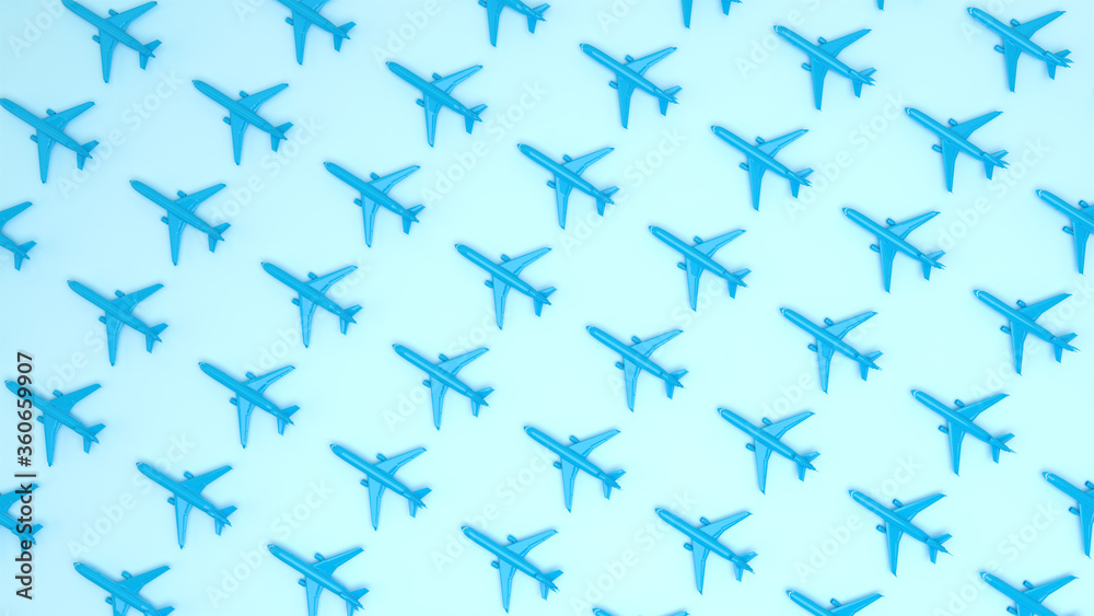 Blue pattern planes in the blue background. Top view. Aircraft travel minimal concept. Geometric shape in pastel colors. 3d rendering Blue pattern planes in the blue background. Top view. Aircraft travel minimal concept. Geometric shape in pastel colors. 3d rendering