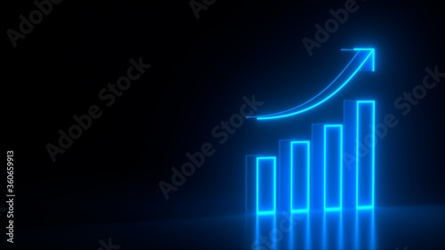 Futuristic glowing blue diagram growth chart symbol on black dark background with blurred reflection. Elements of bank set. Business success colorful concept. Modern design. 3d rendering