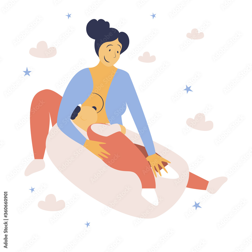 Breastfeeding position. Mother feeds baby with breast. Comfortable pose. Flat design vector illustration of breastfeeding concept. Colorful cartoon character mother feeding baby.


