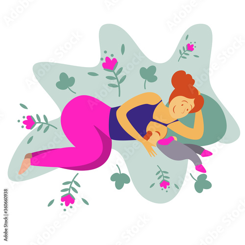 Breastfeeding position. Mother feeds baby with breast. Comfortable pose. Flat design vector illustration of breastfeeding concept. Colorful cartoon character mother feeding baby.