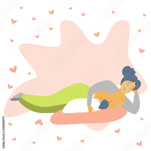 Breastfeeding position. Mother feeds baby with breast. Comfortable pose. Flat design vector illustration of breastfeeding concept. Colorful cartoon character mother feeding baby.

