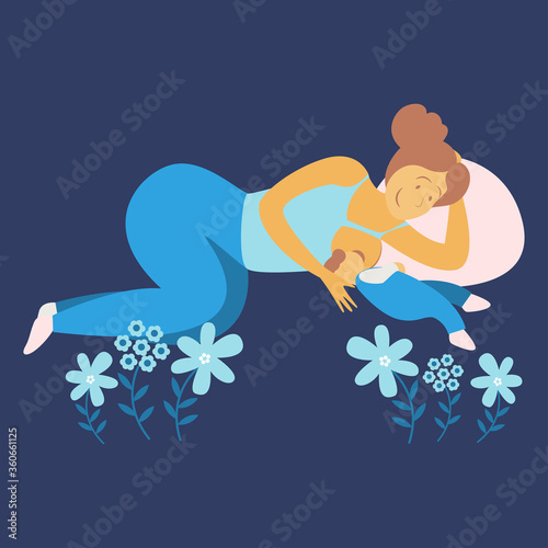 Breastfeeding position. Mother feeds baby with breast. Comfortable pose. Flat design vector illustration of breastfeeding concept. Colorful cartoon character mother feeding baby.

