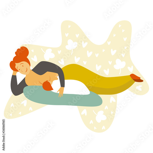 Breastfeeding position. Mother feeds baby with breast. Comfortable pose. Flat design vector illustration of breastfeeding concept. Colorful cartoon character mother feeding baby.


