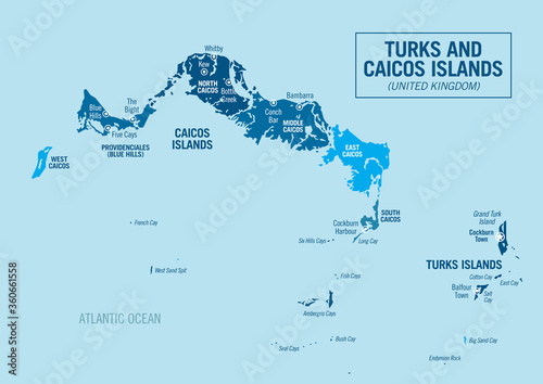 Turks and Caicos Islands detailed political map. United Kingdom, Caribbean. Vector illustration with isolated islands, regions, provinces, departments and cities easy to ungroup.