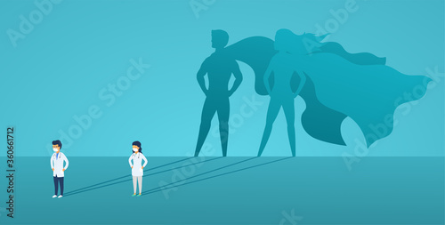 Doctors woman and man with big shadow superhero. Heroes hospital staff in mask and protective suit, medical staff.