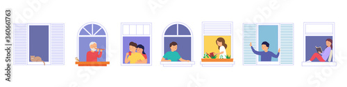 House facade with open windows and people. Different people look out window, read books, communicate with neighbors, play trumpet, water flowers. Concept people sit at home, study and relax.