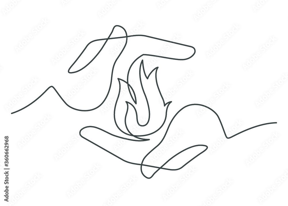 Continuous line drawing of flame. The fire between two human hands