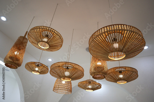 Circle bamboo hanging lamp decoration. Aesthetic interior