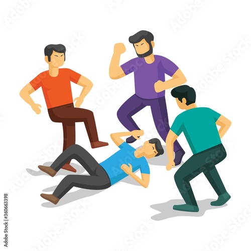 three men beat one victim. assault illustration. flat design vector