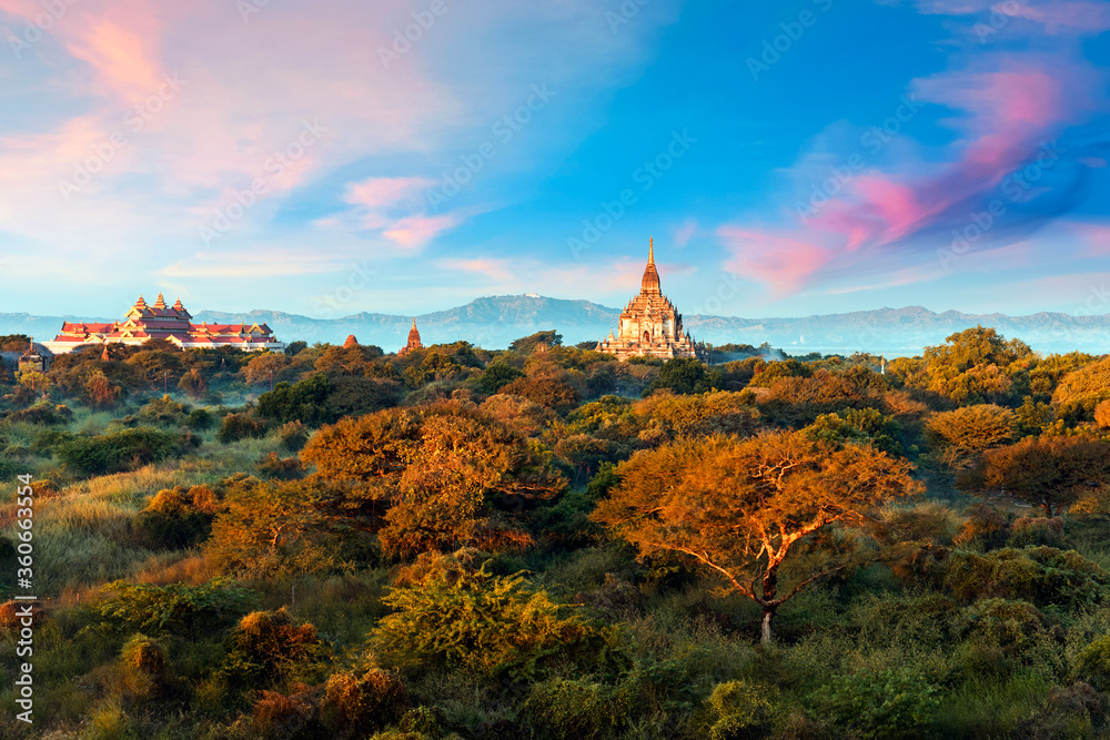 sunset over the old town of bagan, burma