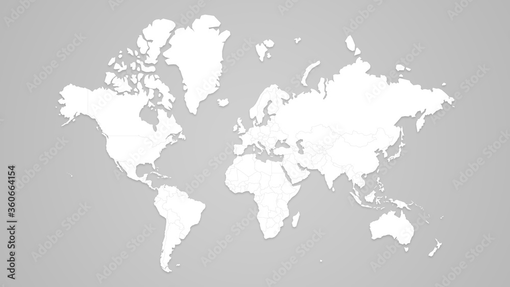 White grey world map with shadow