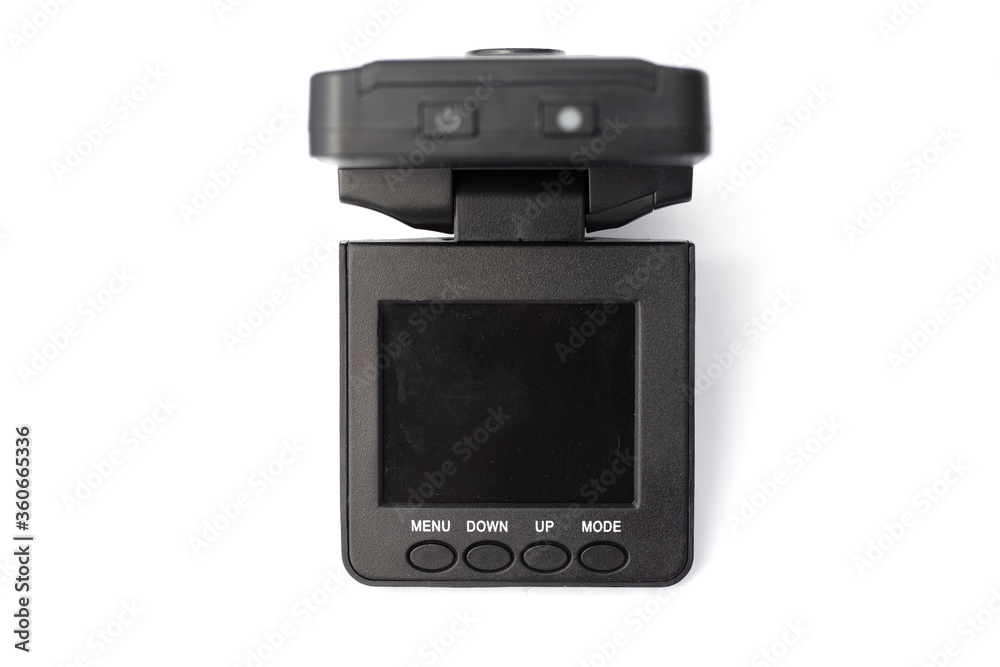 Close up black car dvr with flip screen off, isolated on white background Close up black car dvr with flip screen off, isolated on white background