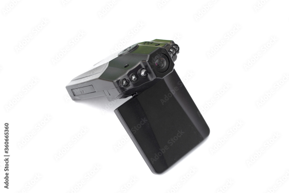 Close up black car dvr with flip screen off, isolated on white background Close up black car dvr with flip screen off, isolated on white background