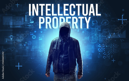 Faceless man with INTELLECTUAL PROPERTY inscription, online security concept