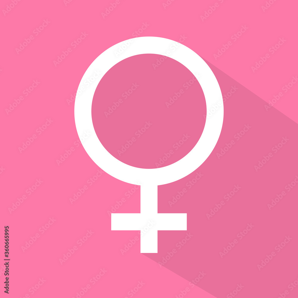 Vector woman gender icon in flat style. Long Shadow. White symbol isolated on pink background. Vector woman gender icon in flat style. Long Shadow. White symbol isolated on pink background.