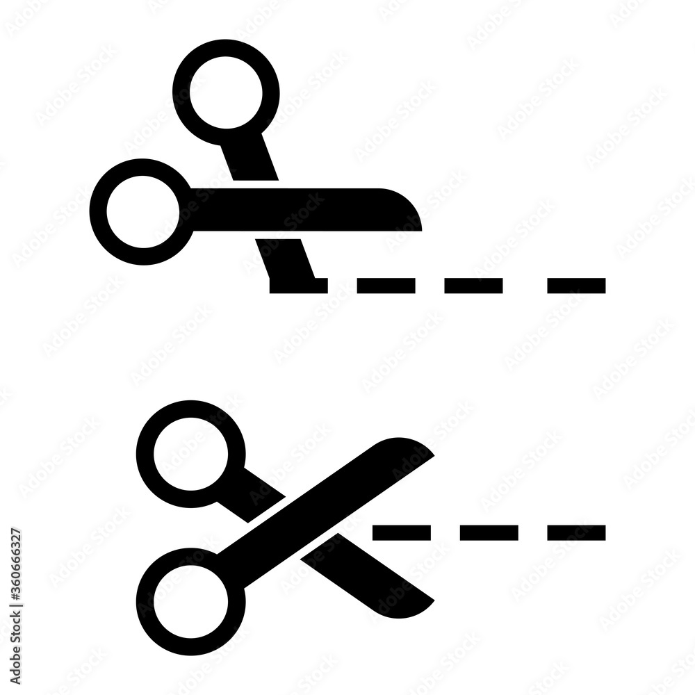 Scissors with cut lines icon isolated on white background. Vector illustration. Scissors with cut lines icon isolated on white background. Vector illustration.