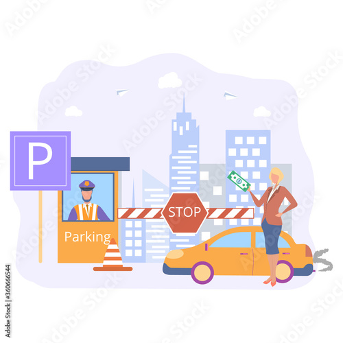 Paid parking in the metropolis, traffic and parking fines, fare, city parking zone, fine notice. Colorful vector illustration.