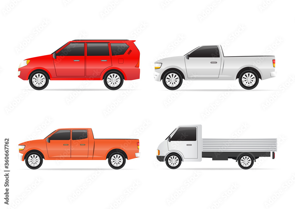 Vector illustrations set of commercial transportation and delivery trucks.