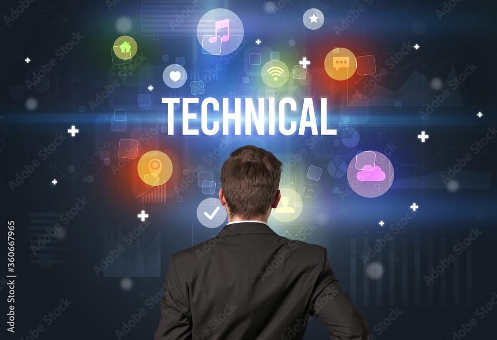 Rear view of a businessman with TECHNICAL inscription, modern technology concept