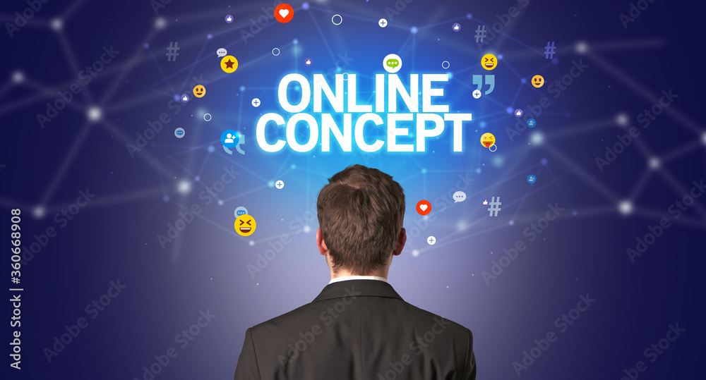 Rear view of a businessman with ONLINE CONCEPT inscription, social networking concept Rear view of a businessman with ONLINE CONCEPT inscription, social networking concept