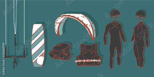 Kite surf sport elements on flat background. Isolated objects. Maritime sports. Helmet, life jacket, board, flippers, kite, wet suit, dry suti and board.