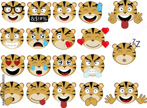 Vector illustration of the face of a cartoon tiger in various expressions