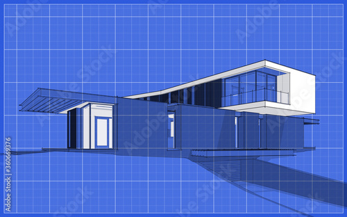 3d rendering of modern cozy house on the hill with garage and pool for sale or rent. Black line sketch with soft light shadows and white spot on blueprint background.