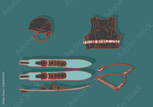 Wake sport elements on flat background. Isolated objects. Maritime sports. Helmet, life jacket, wakeboard.