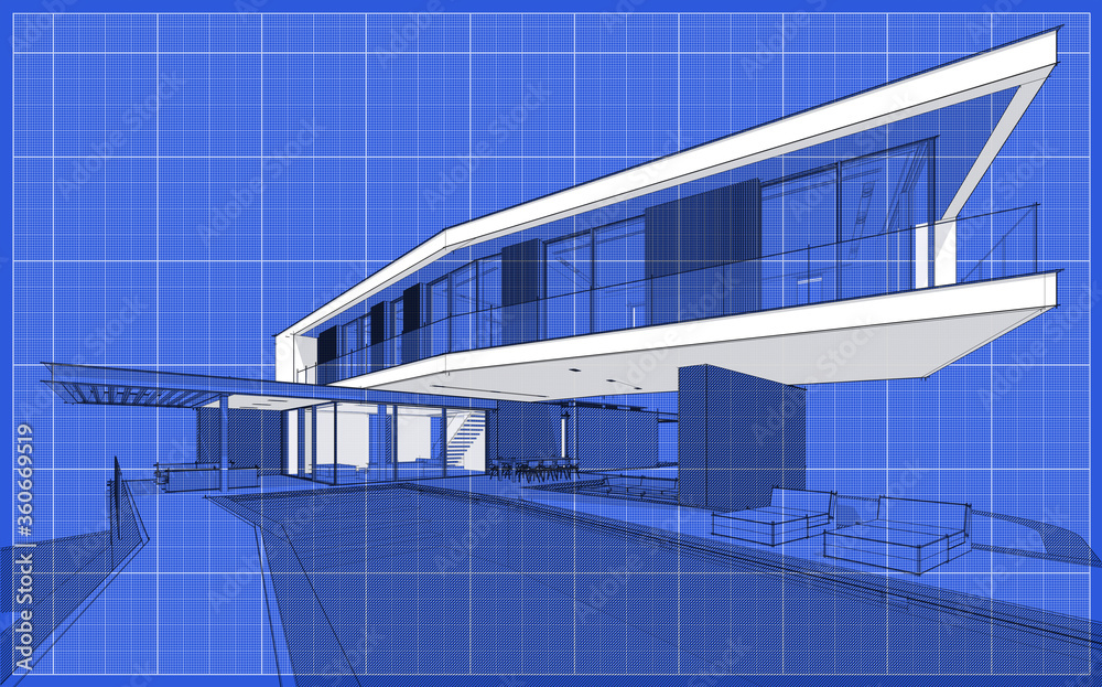 Fototapeta premium 3d rendering of modern cozy house on the hill with garage and pool for sale or rent. Black line sketch with soft light shadows and white spot on blueprint background.