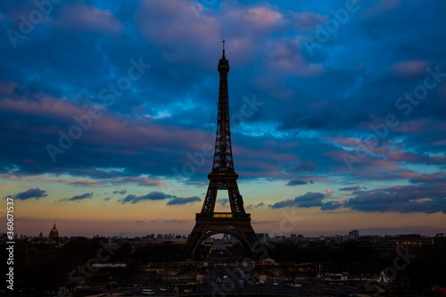 Tour Eiffel the most famous Parisian icon at sunsent seen from Trocadero in a freezing winter day just before spring