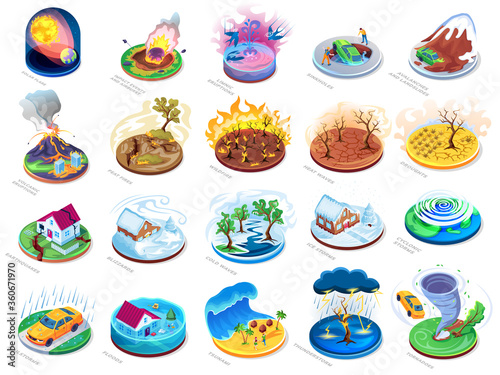 Obraz na plátně Natural disasters vector isometric or flat icons set, nature catastrophes and insurance damage accidents