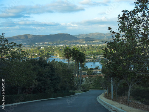 Top view of beautiful Lake San Marcos, California. Empty streets of Lake San Marcos.