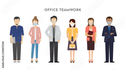 Group of Business people using face masks, office teamwork icons. Vector illustration of flat design people characters