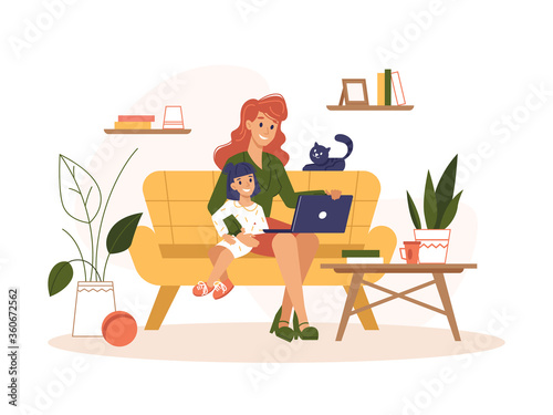 Mother work home with laptop, freelance online office, remote internet work, vector flat illustration. Woman at home online work sitting with computer and child on knees, freelancer or social