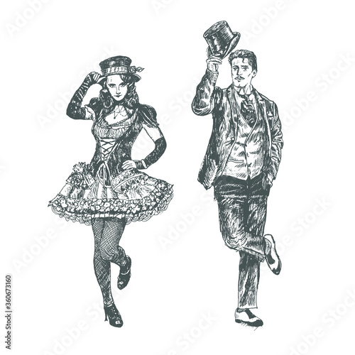 Dance greeting of man and woman. Art Deco and Nouveau Lady and gentleman takes off their top hats.Vector illustration, vintage engraved style