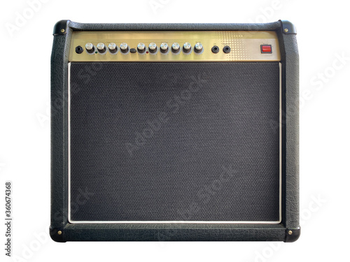 Isolated black leather and gold control panel modern electric guitar amplifier with black knob on white background with Clipping path. Popular amp in rock metal music. front view photo.